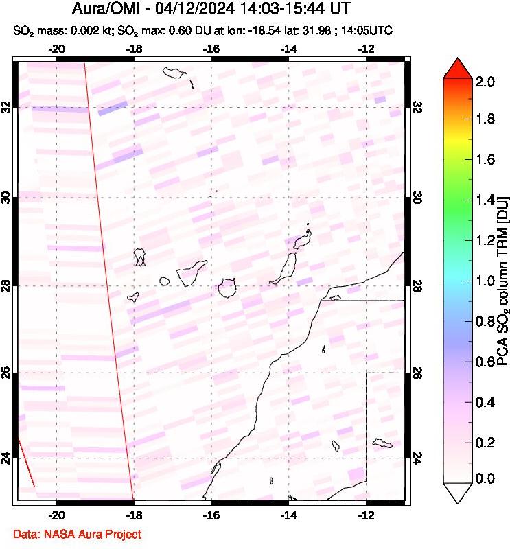 A sulfur dioxide image over Canary Islands on Apr 12, 2024.