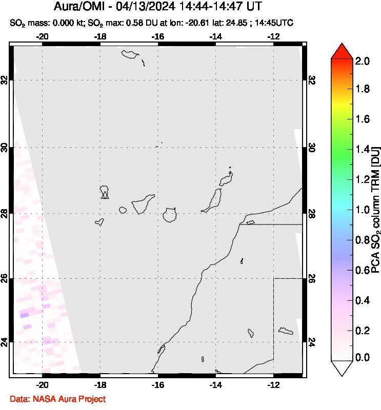 A sulfur dioxide image over Canary Islands on Apr 13, 2024.