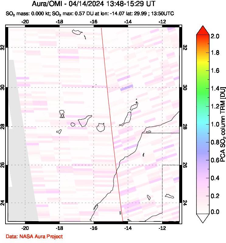 A sulfur dioxide image over Canary Islands on Apr 14, 2024.