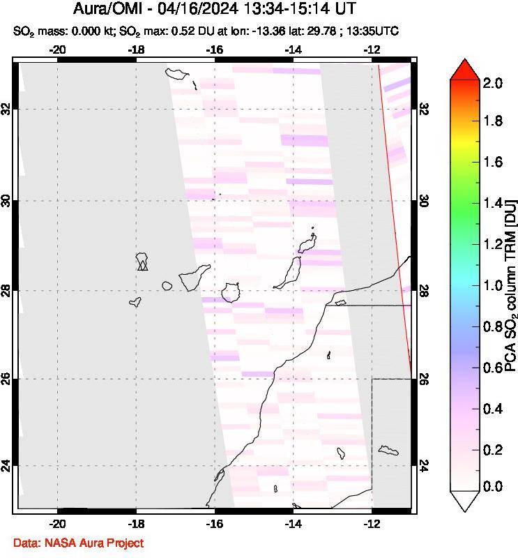 A sulfur dioxide image over Canary Islands on Apr 16, 2024.