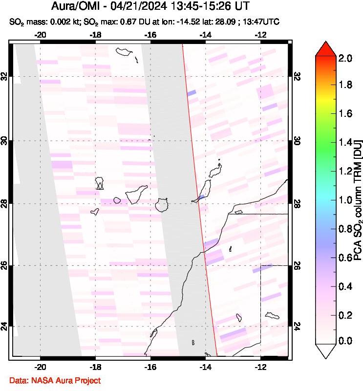 A sulfur dioxide image over Canary Islands on Apr 21, 2024.