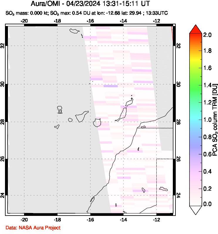 A sulfur dioxide image over Canary Islands on Apr 23, 2024.