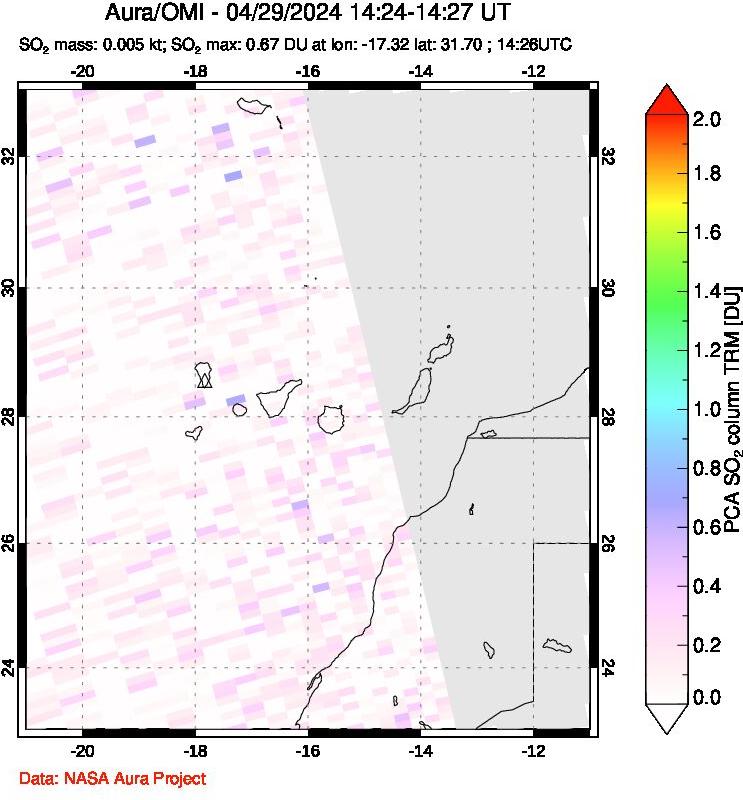 A sulfur dioxide image over Canary Islands on Apr 29, 2024.