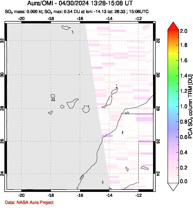 A sulfur dioxide image over Canary Islands on Apr 30, 2024.