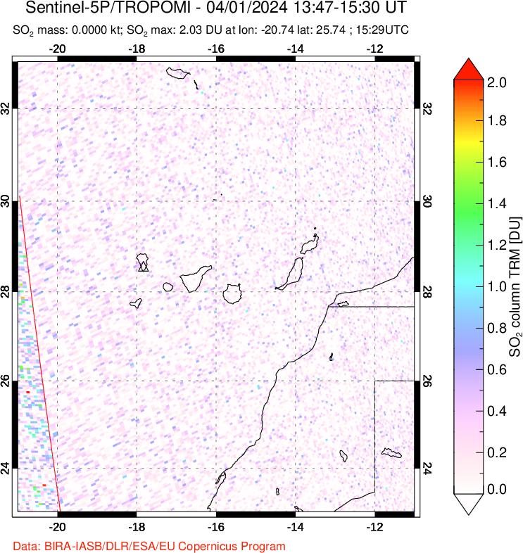 A sulfur dioxide image over Canary Islands on Apr 01, 2024.