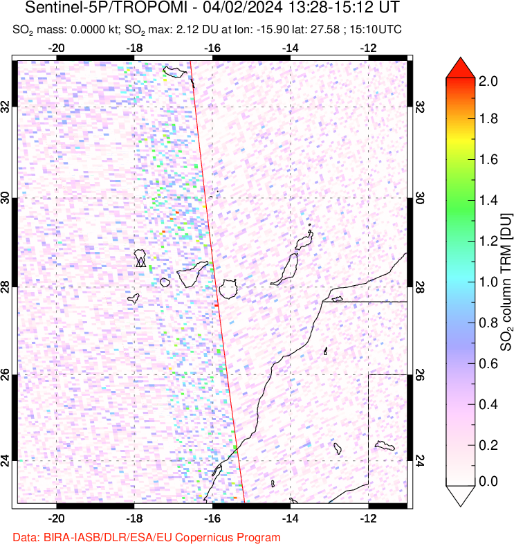 A sulfur dioxide image over Canary Islands on Apr 02, 2024.