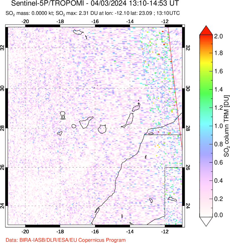 A sulfur dioxide image over Canary Islands on Apr 03, 2024.