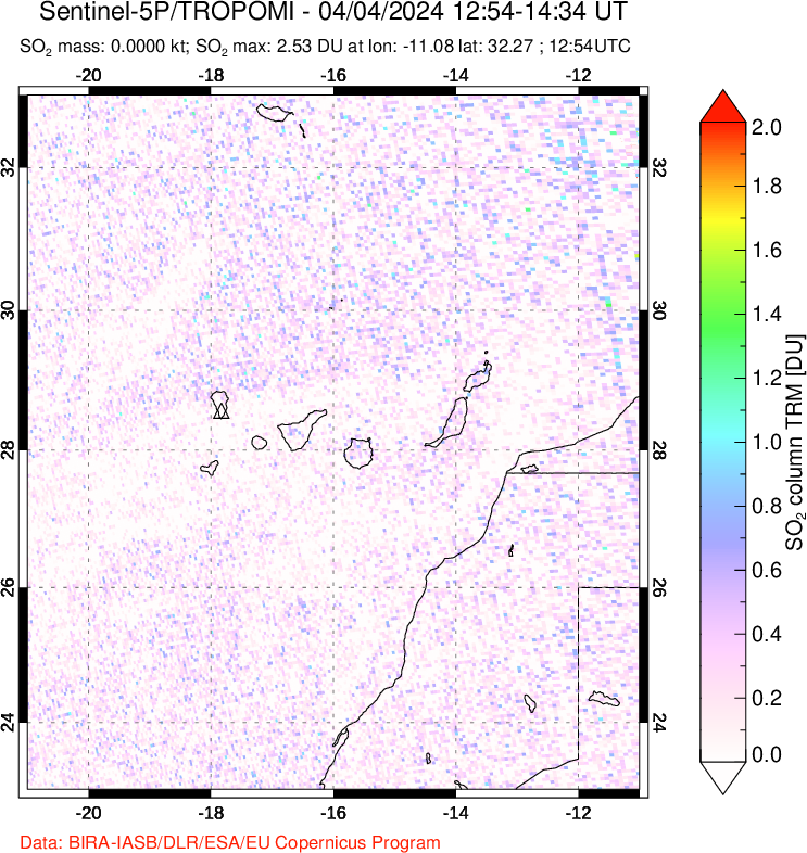 A sulfur dioxide image over Canary Islands on Apr 04, 2024.