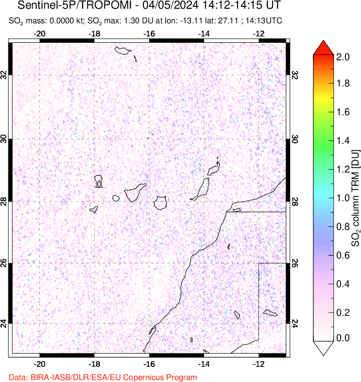 A sulfur dioxide image over Canary Islands on Apr 05, 2024.