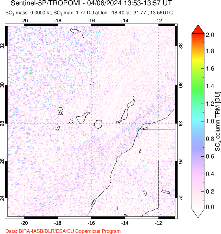 A sulfur dioxide image over Canary Islands on Apr 06, 2024.