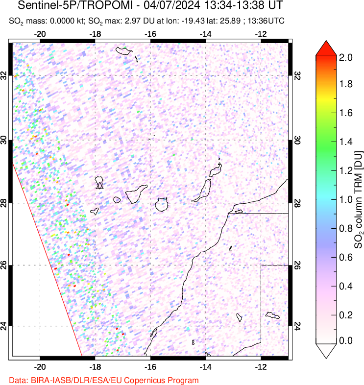 A sulfur dioxide image over Canary Islands on Apr 07, 2024.