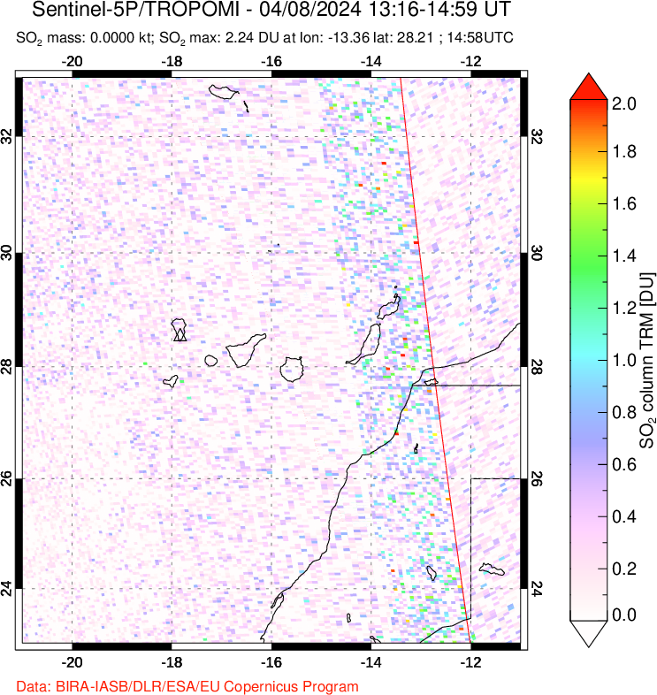 A sulfur dioxide image over Canary Islands on Apr 08, 2024.