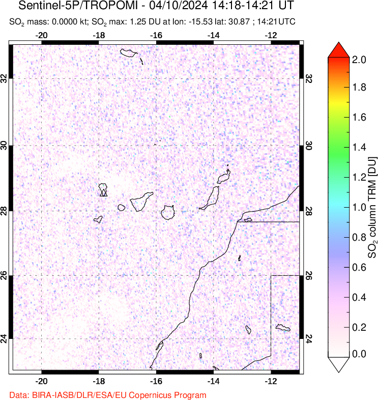 A sulfur dioxide image over Canary Islands on Apr 10, 2024.