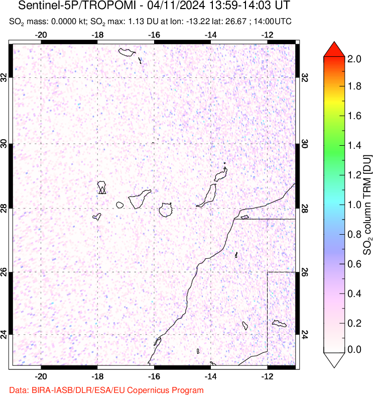 A sulfur dioxide image over Canary Islands on Apr 11, 2024.