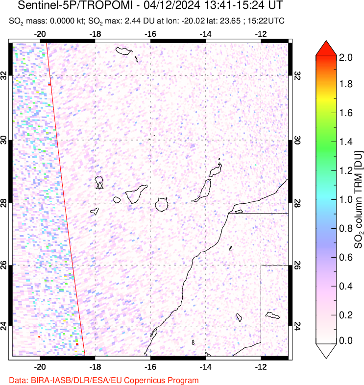 A sulfur dioxide image over Canary Islands on Apr 12, 2024.