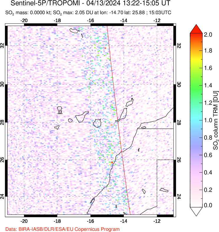 A sulfur dioxide image over Canary Islands on Apr 13, 2024.