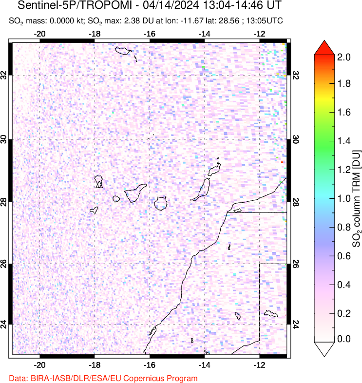 A sulfur dioxide image over Canary Islands on Apr 14, 2024.