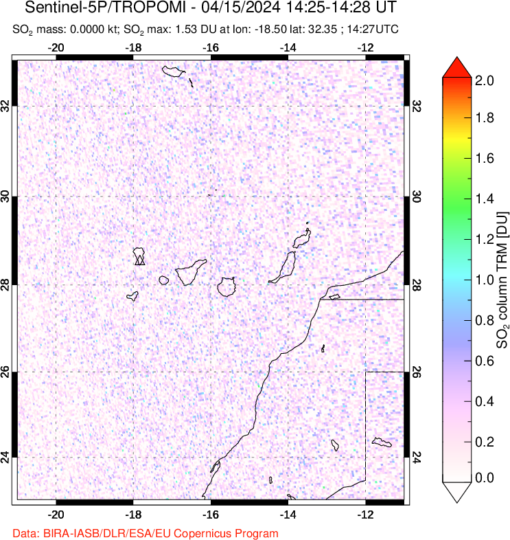 A sulfur dioxide image over Canary Islands on Apr 15, 2024.