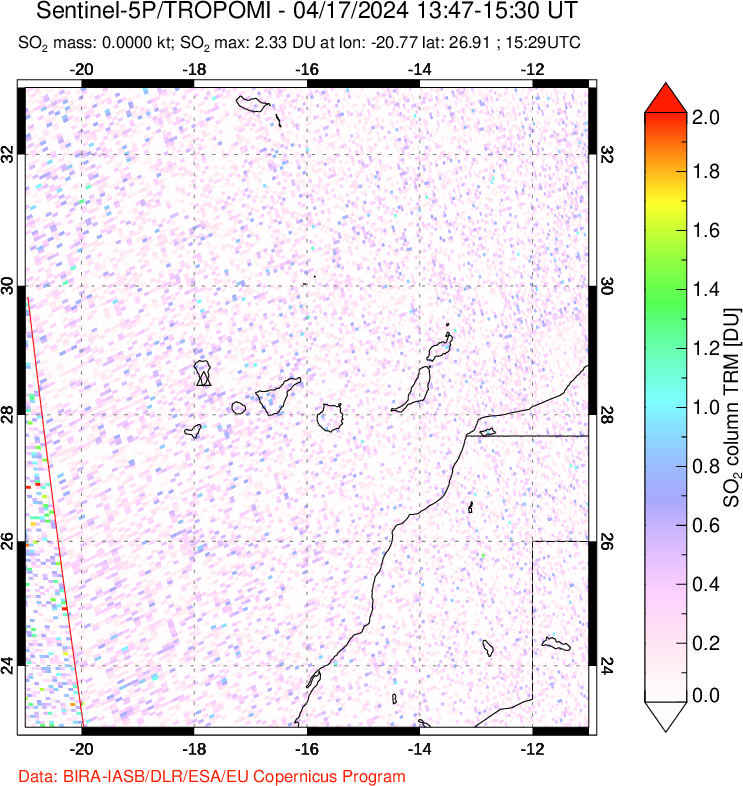 A sulfur dioxide image over Canary Islands on Apr 17, 2024.