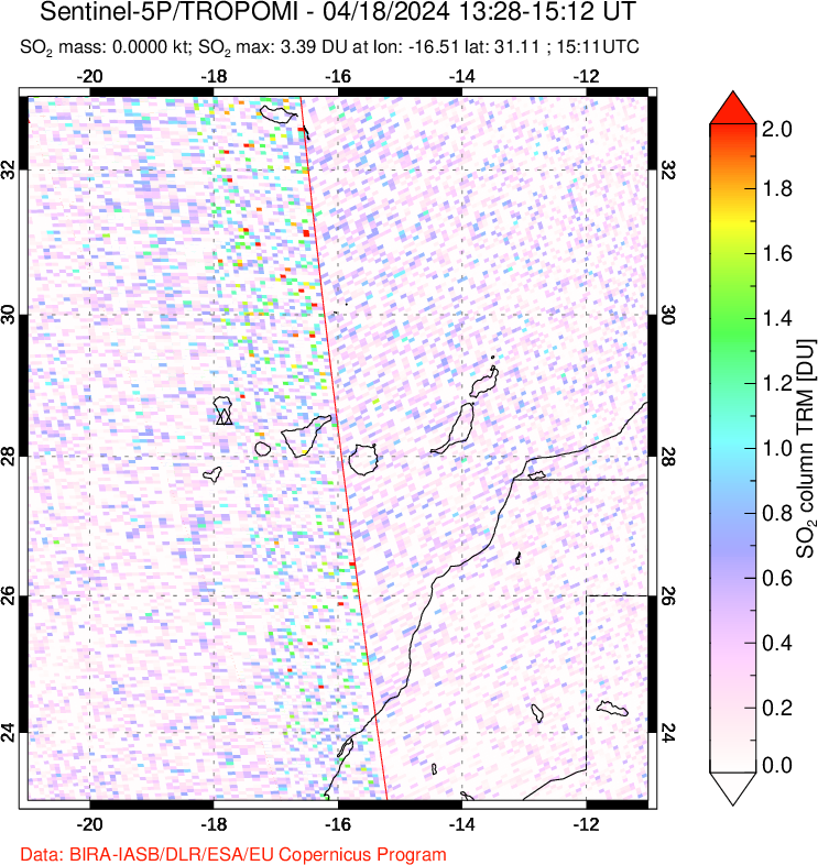 A sulfur dioxide image over Canary Islands on Apr 18, 2024.