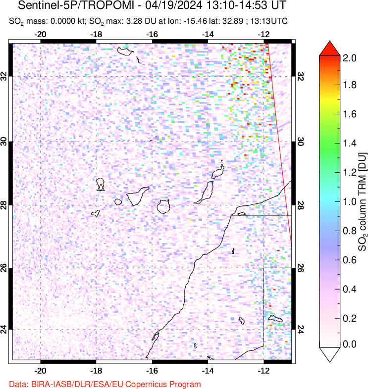 A sulfur dioxide image over Canary Islands on Apr 19, 2024.