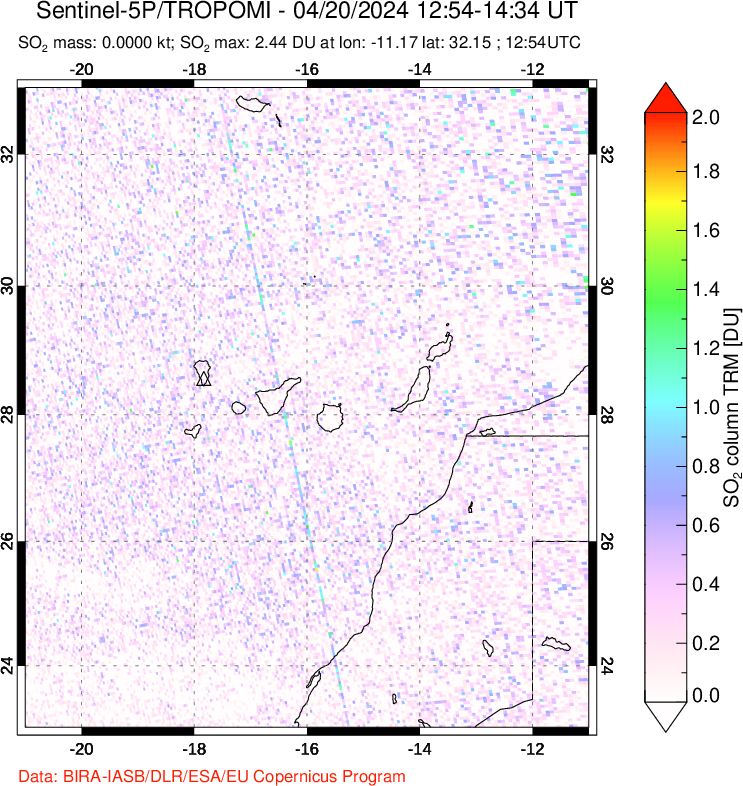 A sulfur dioxide image over Canary Islands on Apr 20, 2024.