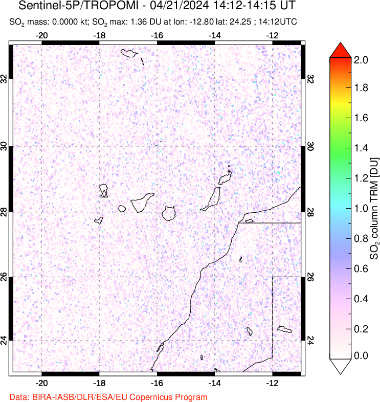 A sulfur dioxide image over Canary Islands on Apr 21, 2024.