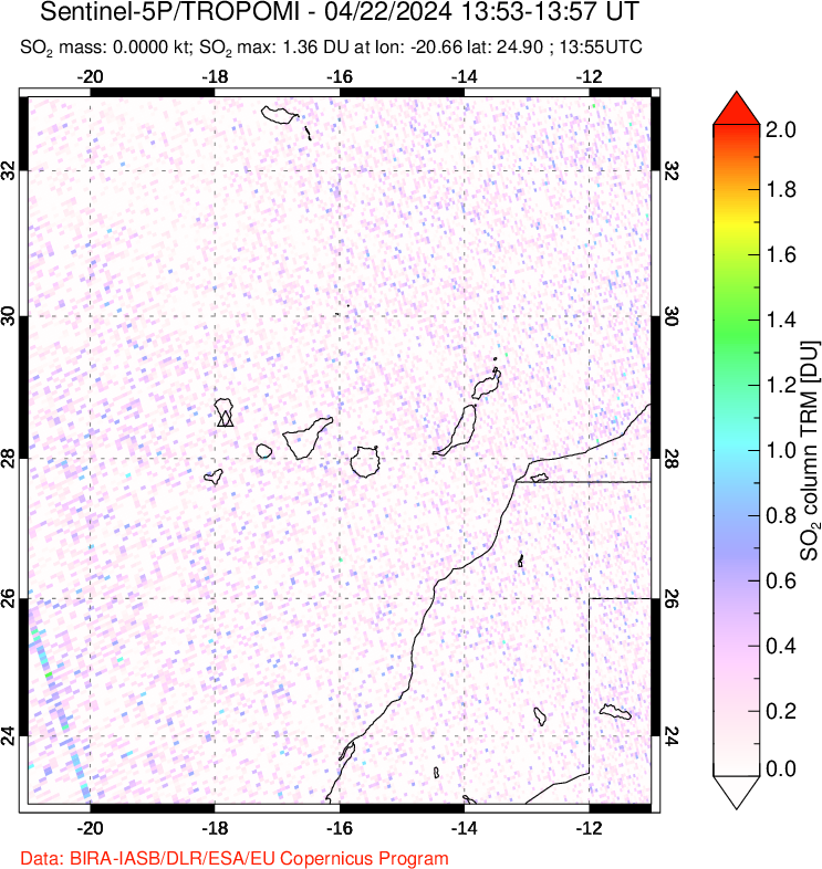 A sulfur dioxide image over Canary Islands on Apr 22, 2024.