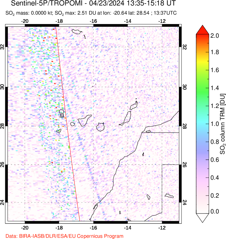 A sulfur dioxide image over Canary Islands on Apr 23, 2024.