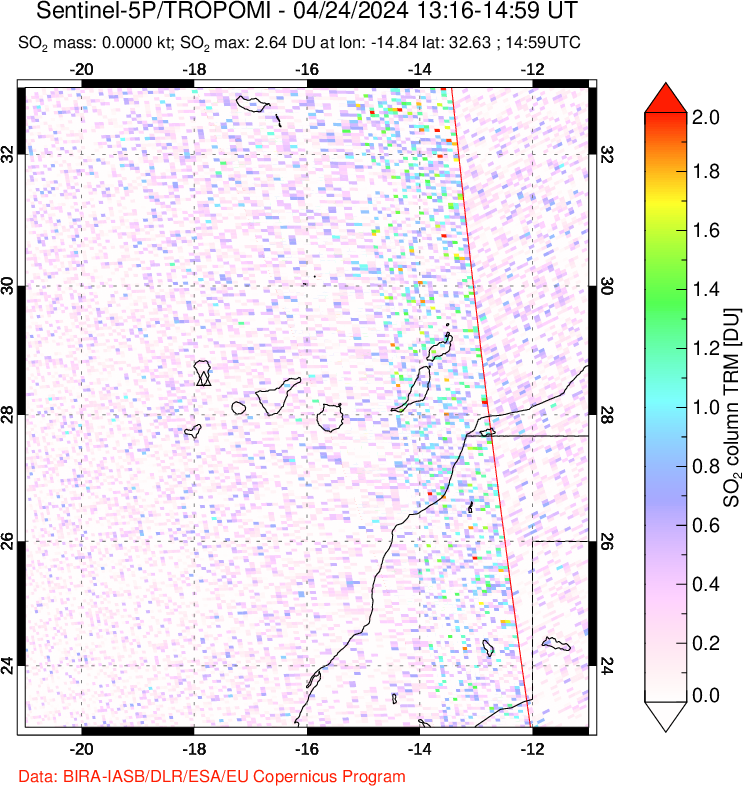 A sulfur dioxide image over Canary Islands on Apr 24, 2024.