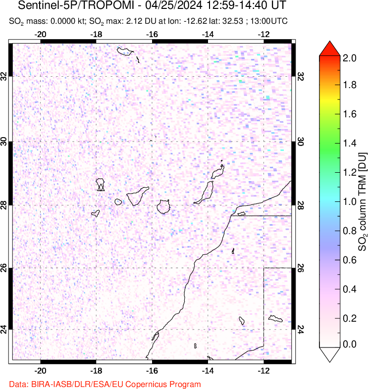 A sulfur dioxide image over Canary Islands on Apr 25, 2024.