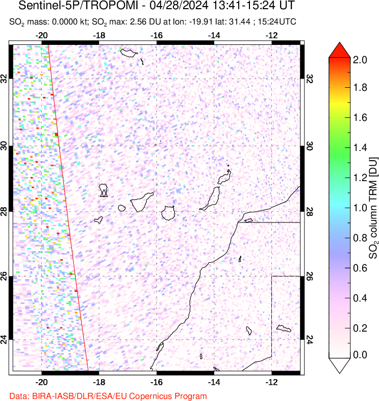 A sulfur dioxide image over Canary Islands on Apr 28, 2024.