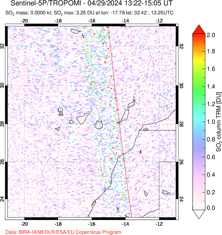 A sulfur dioxide image over Canary Islands on Apr 29, 2024.