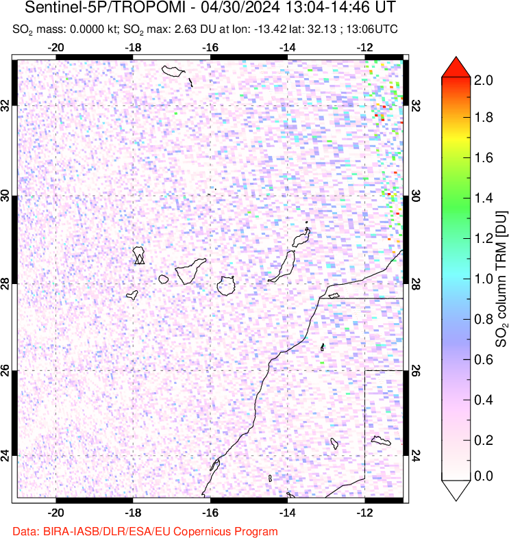 A sulfur dioxide image over Canary Islands on Apr 30, 2024.