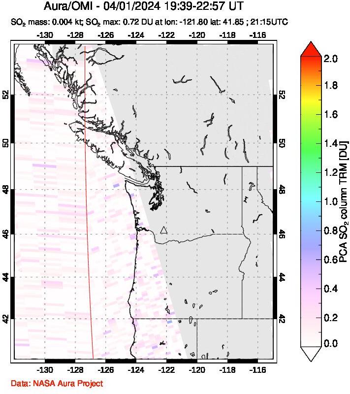 A sulfur dioxide image over Cascade Range, USA on Apr 01, 2024.