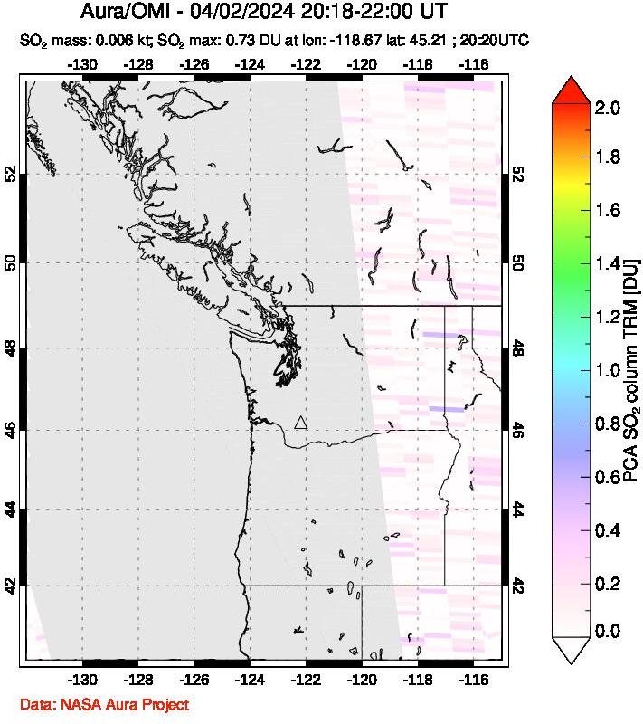 A sulfur dioxide image over Cascade Range, USA on Apr 02, 2024.