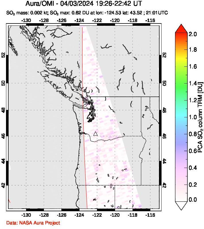 A sulfur dioxide image over Cascade Range, USA on Apr 03, 2024.