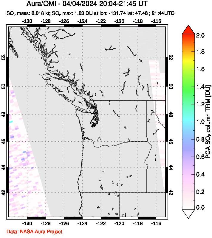 A sulfur dioxide image over Cascade Range, USA on Apr 04, 2024.