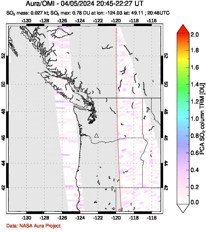 A sulfur dioxide image over Cascade Range, USA on Apr 05, 2024.