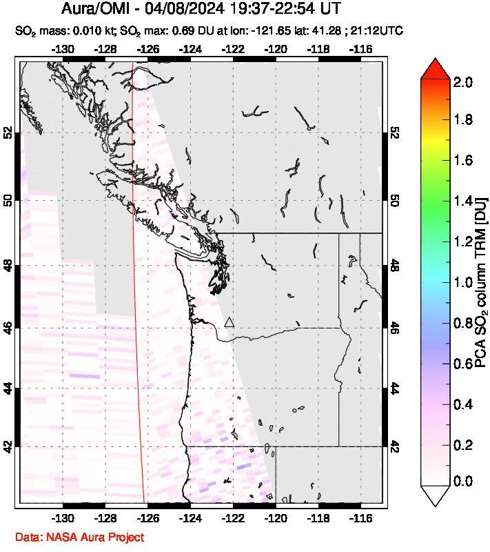 A sulfur dioxide image over Cascade Range, USA on Apr 08, 2024.