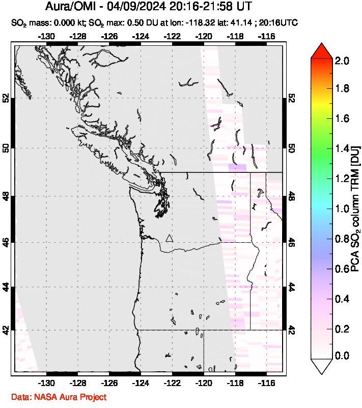 A sulfur dioxide image over Cascade Range, USA on Apr 09, 2024.