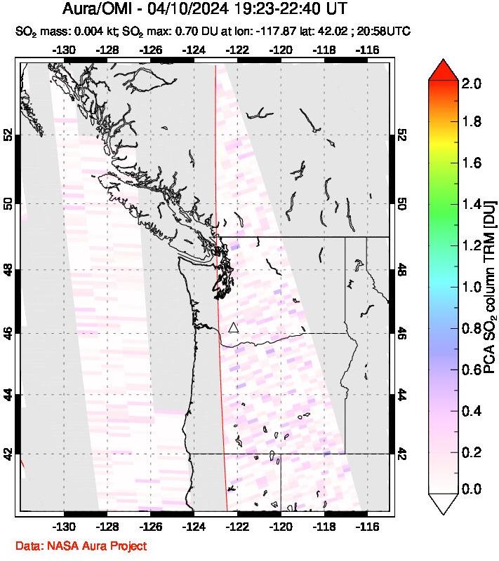 A sulfur dioxide image over Cascade Range, USA on Apr 10, 2024.