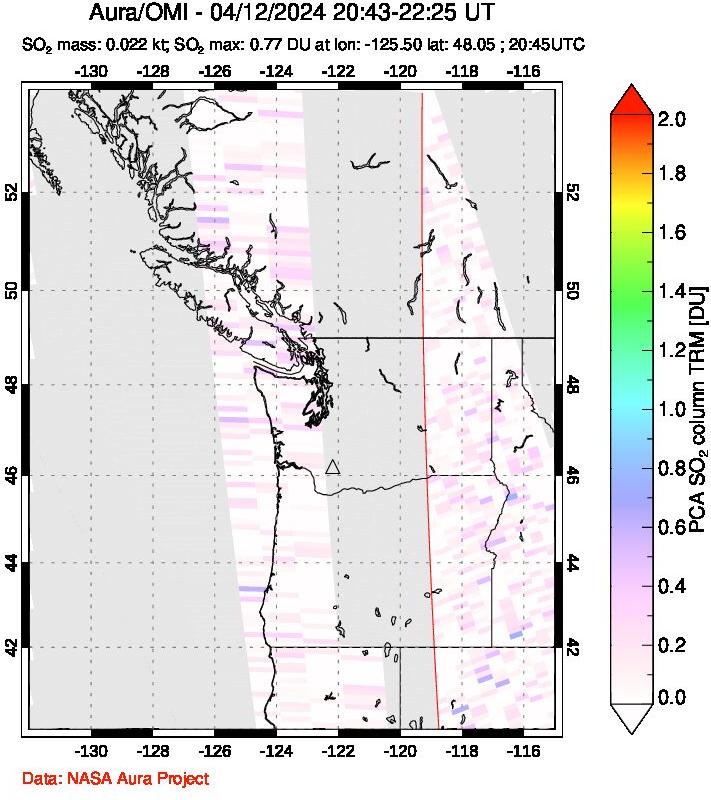 A sulfur dioxide image over Cascade Range, USA on Apr 12, 2024.