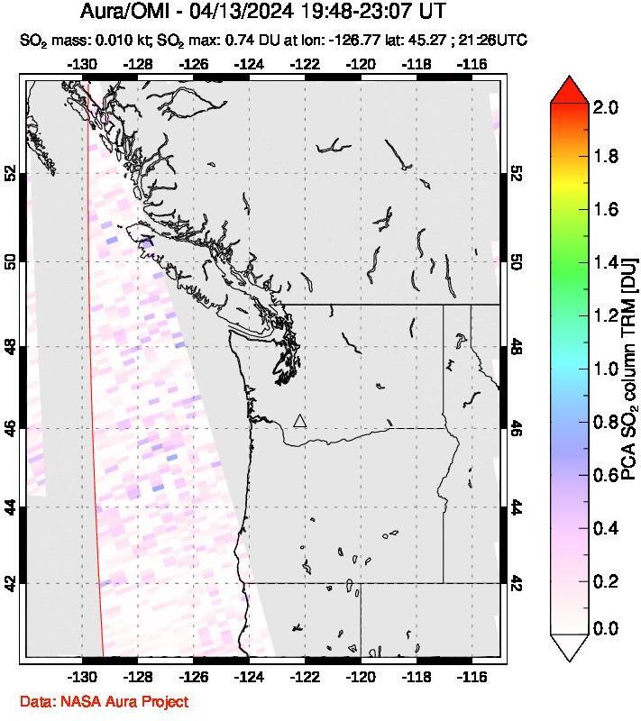 A sulfur dioxide image over Cascade Range, USA on Apr 13, 2024.