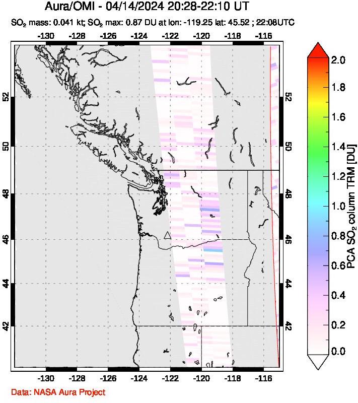 A sulfur dioxide image over Cascade Range, USA on Apr 14, 2024.