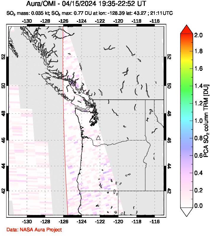 A sulfur dioxide image over Cascade Range, USA on Apr 15, 2024.