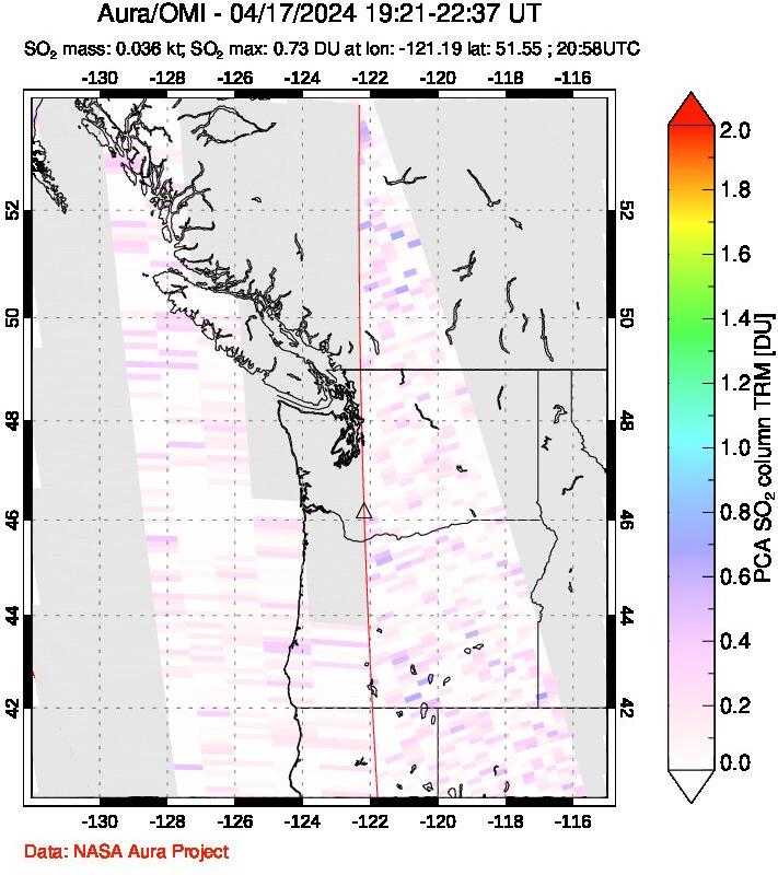 A sulfur dioxide image over Cascade Range, USA on Apr 17, 2024.