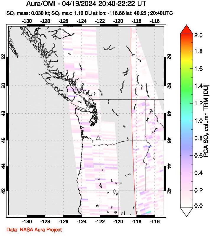 A sulfur dioxide image over Cascade Range, USA on Apr 19, 2024.