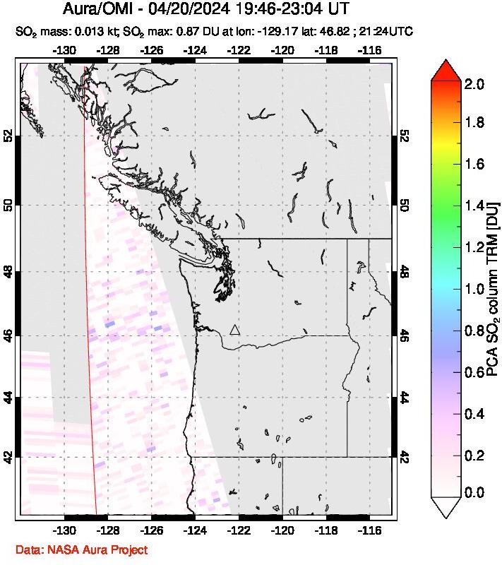 A sulfur dioxide image over Cascade Range, USA on Apr 20, 2024.