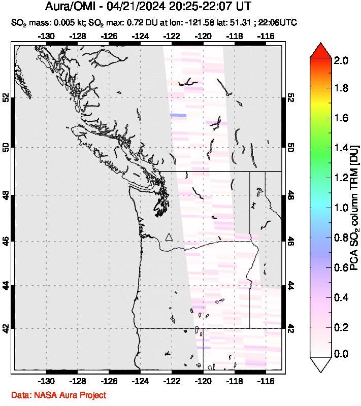 A sulfur dioxide image over Cascade Range, USA on Apr 21, 2024.